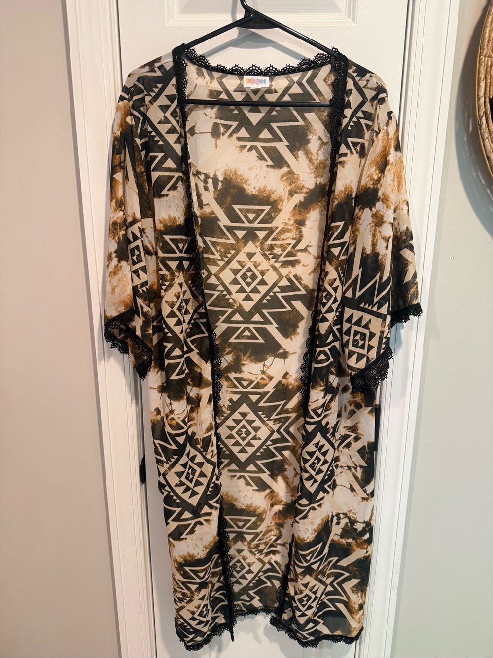 LuLaRoe Black, Cream & Brown Aztec Kimono Coverup